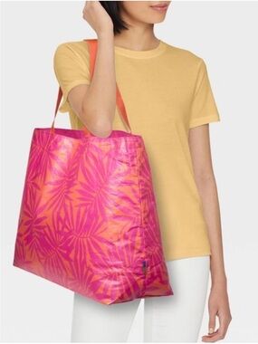 Open Story Water Resistant Reversible Tote Bag Pink/Coral Palm Leaves 19x7x14.5